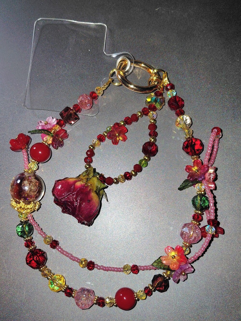 Purse Charm / Keychain Red and Pink Floral with Red Rose - Picture 4 of 5
